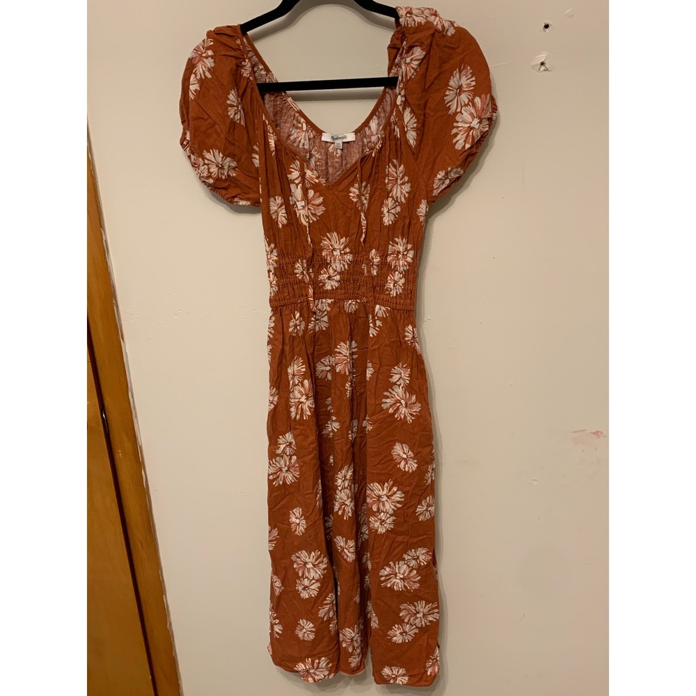 Madewell Rust Orange Floral‎ Puff Sleeve Smocked Midi Dress XXS